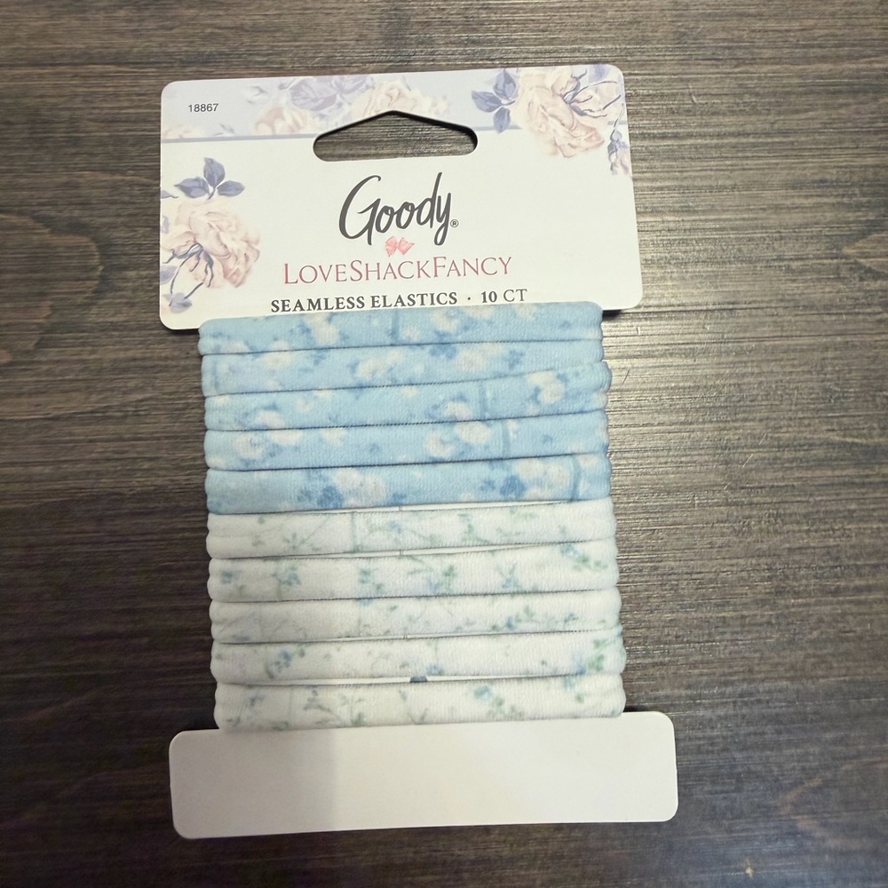 LoveShackFancy Pink & Light Blue Satin Flower Elastics & Blue Seamless Elastics - Picture 2 of 5